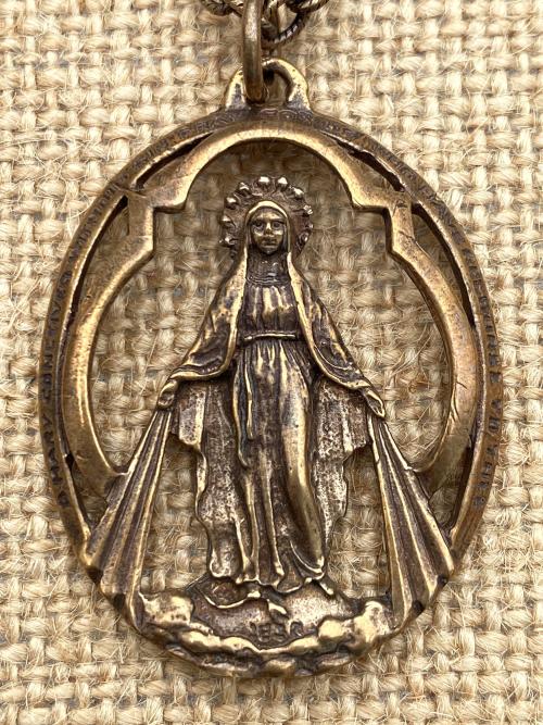 Bronze Large Openwork Miraculous Medal Pendant Necklace, Antique Replica, Rare unusual Antique, Blessed Virgin Mary, Mother Mary, Our Lady