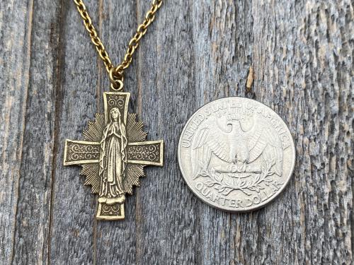 Antique Gold Radiant Mary Medal, Antique Replica, Pendant Necklace, Radiant Cross, Our Lady of Lourdes, Blessed Virgin Mary Pendant Necklace