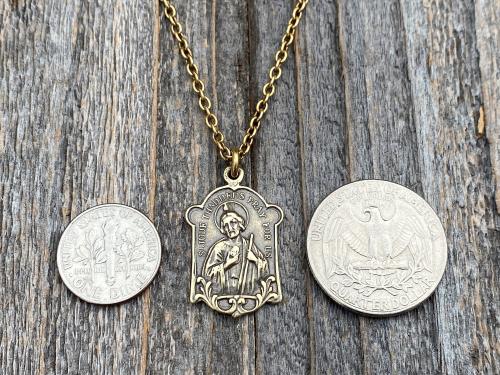 Antique Gold St Jude Thaddeus Medal Pendant Necklace, Antique Replica, Patron Saint of Desperate Causes, Patron Saint of Hope, Apostle Jesus