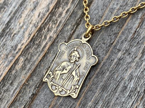 Antique Gold St Jude Thaddeus Medal Pendant Necklace, Antique Replica, Patron Saint of Desperate Causes, Patron Saint of Hope, Apostle Jesus