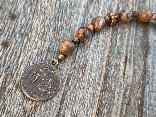 Small Chaplet of St Saint Peregrine, Bronze Antique Replica Medal & Crucifix, Leopardskin Jasper Gemstones, Patron Saint of Cancer Patients