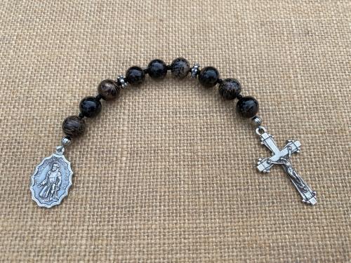 Chaplet of St Saint Peregrine, Sterling Silver Antique Replica Medal and Crucifix, Fossil Coral Gemstones, Patron Saint of Cancer Patients