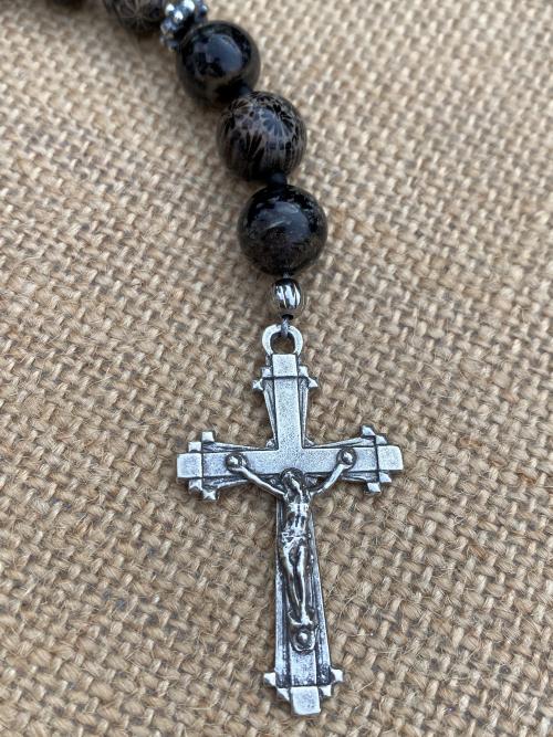 Chaplet of St Saint Peregrine, Sterling Silver Antique Replica Medal and Crucifix, Fossil Coral Gemstones, Patron Saint of Cancer Patients