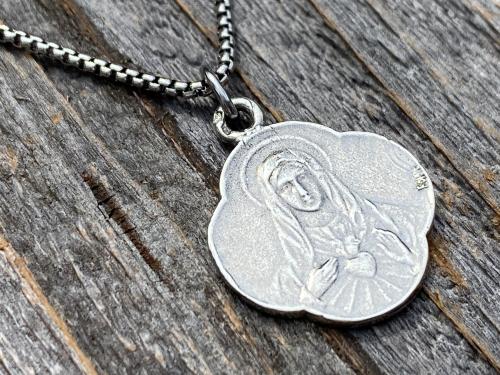 Sterling Silver Immaculate Heart of Mary, French Antique Replica, Medal Pendant & Necklace, Heart of Virgin Mary, Scalloped Rare Mary Medal