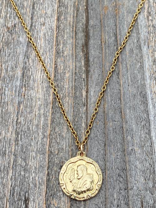 Gold Saint Padre Pio Antique Replica Medal Pendant Necklace, Saint Pius of Pietrelcina Charm, Stigmatized Priest, Pray Hope & Don't Worry