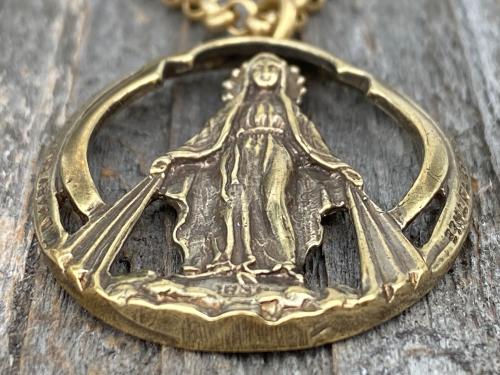 Antique Gold Large Openwork Miraculous Medal Pendant Necklace, Antique Replica, Rare unusual Antique, Blessed Virgin Mary, Our Lady Miracles