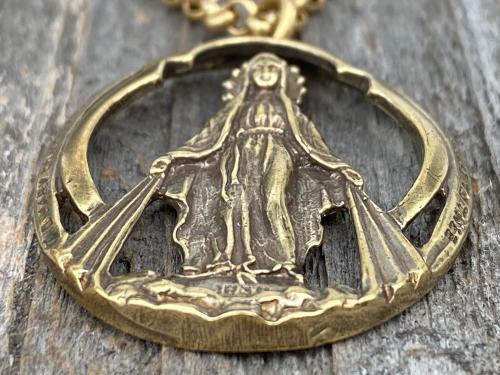 Antique Gold Large Openwork Miraculous Medal Pendant Necklace, Antique Replica, Rare unusual Antique, Blessed Virgin Mary, Our Lady Miracles