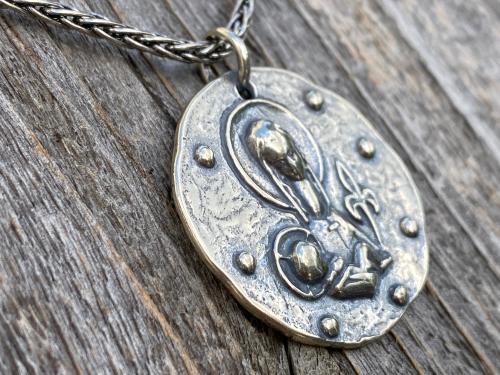 Sterling Silver Large Mary and Baby Jesus Fleur de Lis Pendant, Antique Replica French Medal, Sterling Silver Wheat Chain, Elie Pellegrin