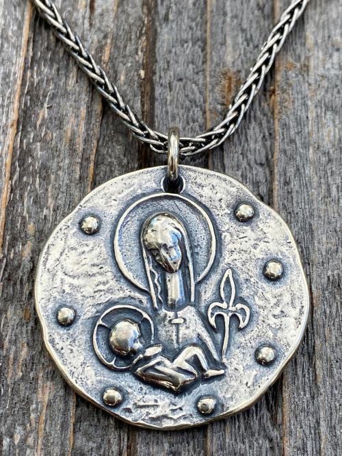 Sterling Silver Large Mary and Baby Jesus Fleur de Lis Pendant, Antique Replica French Medal, Sterling Silver Wheat Chain, Elie Pellegrin