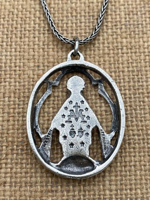 Sterling Silver Large Openwork Miraculous Medal Pendant Necklace, Antique Replica, Rare Unusual Antique, Our Lady of the Miracle Miracles