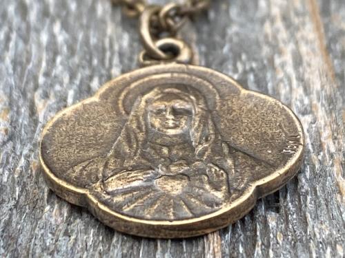 Bronze Immaculate Heart of Mary, French Antique Replica, Medal Pendant & Necklace, Scalloped Rare Mary Medal, Consecration to Mary's Heart