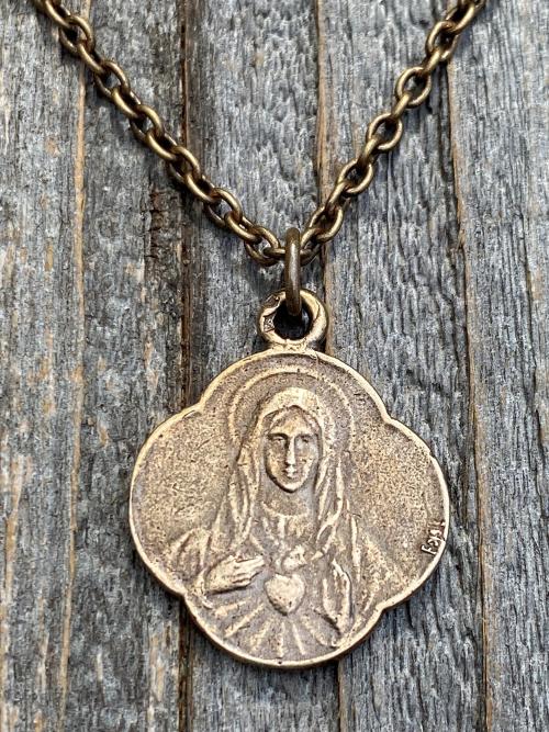 Bronze Immaculate Heart of Mary, French Antique Replica, Medal Pendant & Necklace, Scalloped Rare Mary Medal, Consecration to Mary's Heart