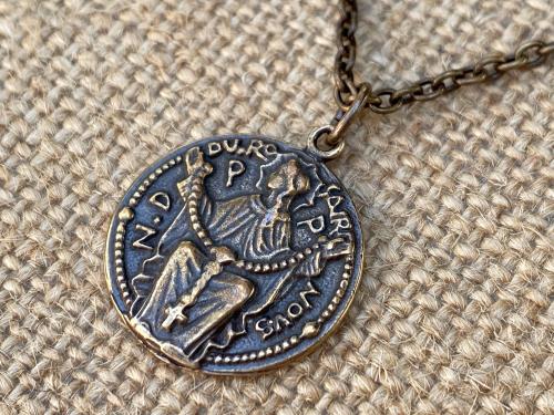 Bronze Notre Dame du Rosaire, Our Lady of the Rosary Pray for Us, Antique Replica, Medal Pendant Necklace, French Art Nouveau Marian Medal