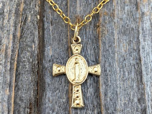 Petite Gold Miraculous Medal Cross Pendant Necklace, Antique Replica, Blessed Virgin Mary, Our Lady of Lourdes, Small Miraculous Medal Cross