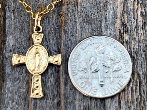 Petite Gold Miraculous Medal Cross Pendant Necklace, Antique Replica, Blessed Virgin Mary, Our Lady of Lourdes, Small Miraculous Medal Cross