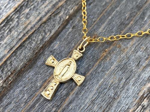 Petite Gold Miraculous Medal Cross Pendant Necklace, Antique Replica, Blessed Virgin Mary, Our Lady of Lourdes, Small Miraculous Medal Cross