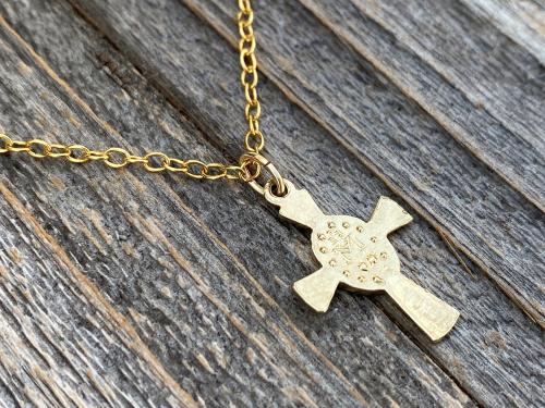 Petite Gold Miraculous Medal Cross Pendant Necklace, Antique Replica, Blessed Virgin Mary, Our Lady of Lourdes, Small Miraculous Medal Cross