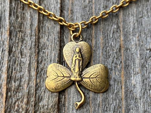 Antique Gold Mary Shamrock Pendant (Antique Replica from Lourdes France) Medal Necklace, Our Lady of Lourdes on Shamrock Pendant, Irish Gift