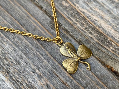 Antique Gold Mary Shamrock Pendant (Antique Replica from Lourdes France) Medal Necklace, Our Lady of Lourdes on Shamrock Pendant, Irish Gift