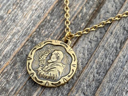 Antique Gold Saint Padre Pio Antique Replica Medal Pendant Necklace, Saint Pius of Pietrelcina, Stigmatized Priest, Healing, Stigmata, Rare