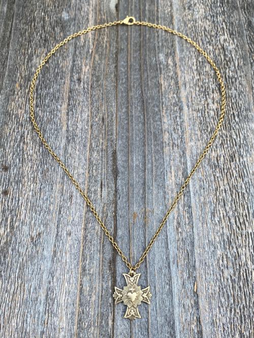 Antique Gold Sacred Heart Cross Pendant and Necklace, Antique Replica, Sacred Heart of Jesus, Bestseller, Devotion to His Sacred Heart