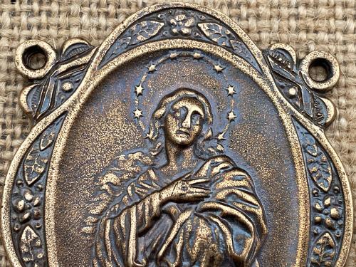 Large Bronze Rosary Center (2.5"), Antique Replica, Assumption of Mary Medal, Mary with Star Halo, Wall Rosary, Lasso Rosary, Family Rosary