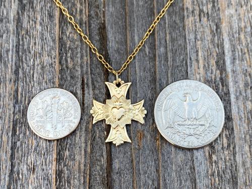 Gold Most Sacred Heart of Jesus Cross Medal Pendant Necklace, Antique Replica, Sacred Heart Devotion, Consecration to the Sacred Heart, Gift