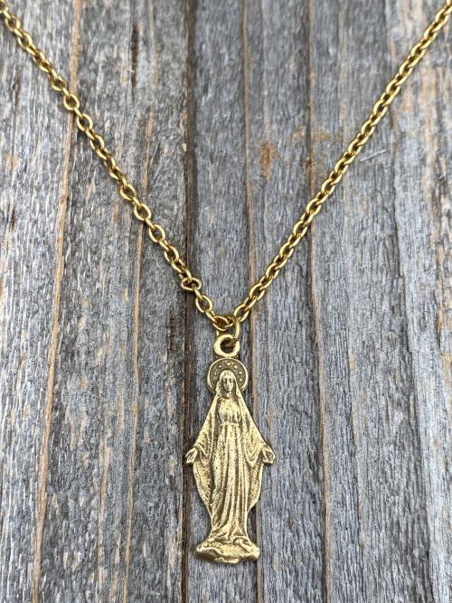 Antique Gold Figural Mary Miraculous Medal (Antique Replica) Pendant Necklace, Blessed Virgin Mary, Our Lady of Lourdes, Our Lady of Grace