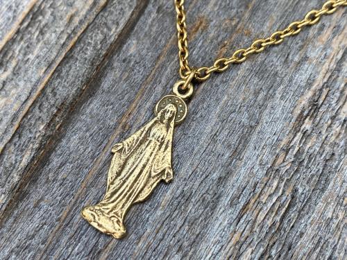 Antique Gold Figural Mary Miraculous Medal (Antique Replica) Pendant Necklace, Blessed Virgin Mary, Our Lady of Lourdes, Our Lady of Grace