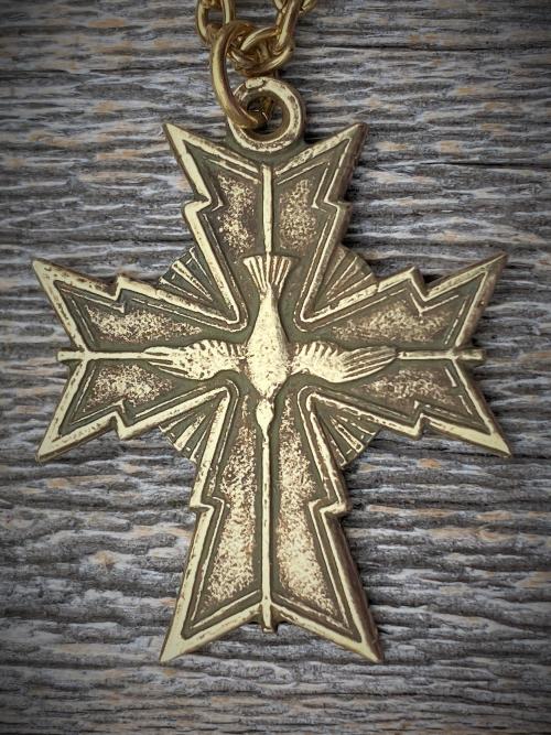 Antique Gold Holy Spirit Cross Pendant, Antique Replica, Chain Necklace, Oh Holy Ghost Protect Me, Holy Spirit Dove in center of cross