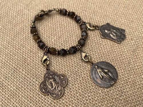 Bronzite Gemstone Loop with Lobster Clasps to Attach Bronze Medals, Crosses and Crucifixes, Keychain for Medals, Prayer Organizer for Medals