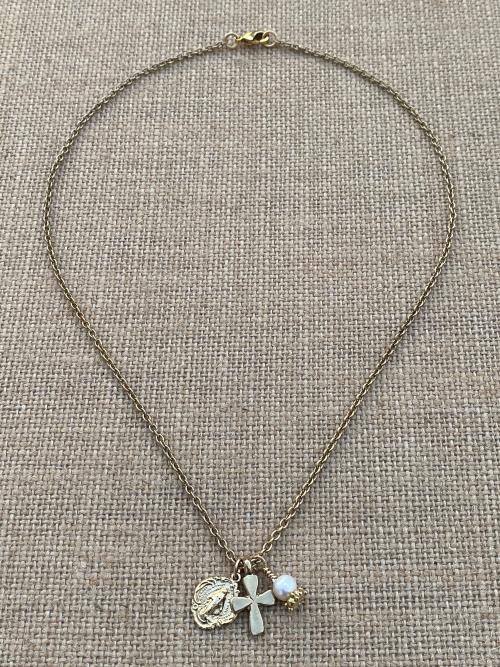 Gold Miraculous Medal Charm Cluster Pendant Necklace, Antique Replica, Dangling Cross, White Freshwater Pearl, Boho Miraculous Necklace MM3