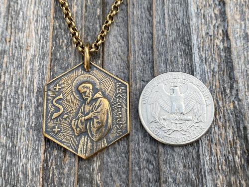 Large Bronze Saint Francis of Assisi Blessing Prayer Medal, Italian Antique Replica, Pendant Necklace, Hexagon-Shaped Big Medal from Italy