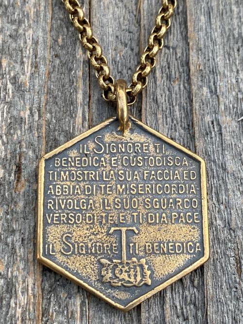 Large Bronze Saint Francis of Assisi Blessing Prayer Medal, Italian Antique Replica, Pendant Necklace, Hexagon-Shaped Big Medal from Italy