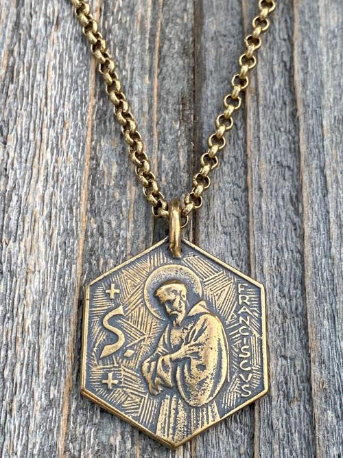 Large Bronze Saint Francis of Assisi Blessing Prayer Medal, Italian Antique Replica, Pendant Necklace, Hexagon-Shaped Big Medal from Italy