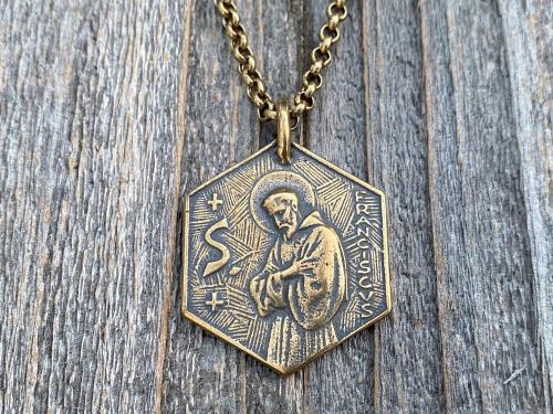 Large Bronze Saint Francis of Assisi Blessing Prayer Medal, Italian Antique Replica, Pendant Necklace, Hexagon-Shaped Big Medal from Italy