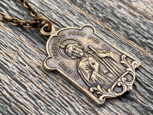 Bronze St Jude Thaddeus Medal Pendant Necklace, Antique Replica, Patron Saint of Desperate Causes, Patron Saint of Hope, Apostle of Jesus