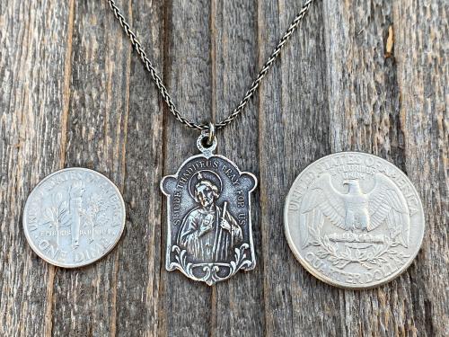 Sterling Silver Rare St Jude Thaddeus Medal Pendant Necklace, Antique Replica, Patron Saint of Desperate Causes, Patron Saint of Hope, Help