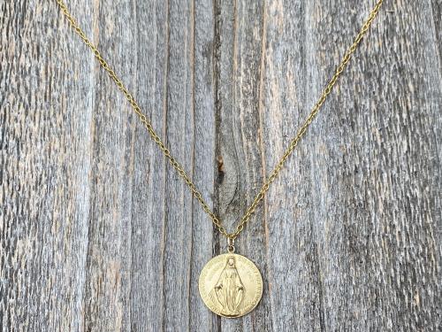 Gold 3/4" Round Miraculous Medal Pendant Necklace, Antique Replica, O Mary Conceived Without Sin Pray for Us Who Have Recourse to Thee, MM2