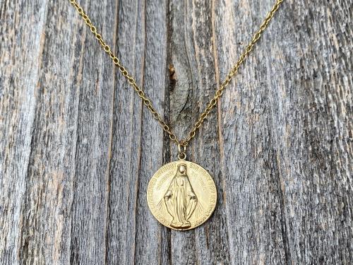 Gold 3/4" Round Miraculous Medal Pendant Necklace, Antique Replica, O Mary Conceived Without Sin Pray for Us Who Have Recourse to Thee, MM2