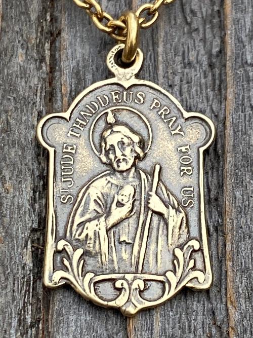 Antique Gold St Jude Thaddeus Medal Pendant Necklace, Antique Replica, Patron Saint of Desperate Causes, Patron Saint of Hope, Apostle Jesus