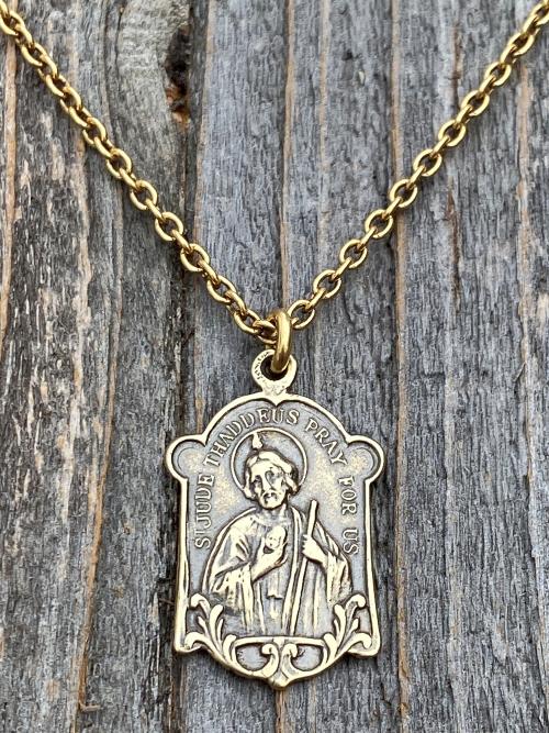 Antique Gold St Jude Thaddeus Medal Pendant Necklace, Antique Replica, Patron Saint of Desperate Causes, Patron Saint of Hope, Apostle Jesus