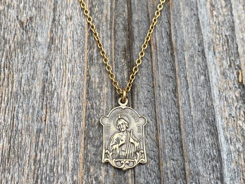 Antique Gold St Jude Thaddeus Medal Pendant Necklace, Antique Replica, Patron Saint of Desperate Causes, Patron Saint of Hope, Apostle Jesus