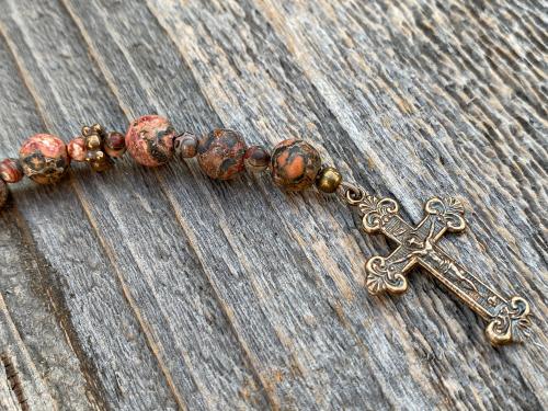 Small Chaplet of St Saint Peregrine, Bronze Antique Replica Medal & Crucifix, Leopardskin Jasper Gemstones, Patron Saint of Cancer Patients