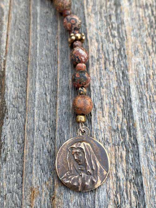 Small Chaplet of St Saint Peregrine, Bronze Antique Replica Medal & Crucifix, Leopardskin Jasper Gemstones, Patron Saint of Cancer Patients