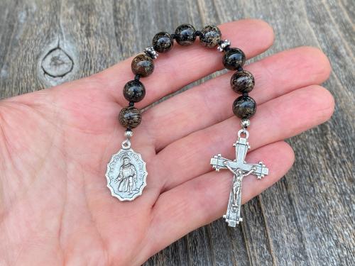 Chaplet of St Saint Peregrine, Sterling Silver Antique Replica Medal and Crucifix, Fossil Coral Gemstones, Patron Saint of Cancer Patients