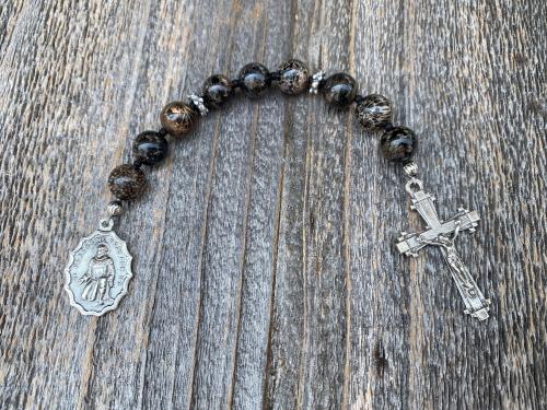 Chaplet of St Saint Peregrine, Sterling Silver Antique Replica Medal and Crucifix, Fossil Coral Gemstones, Patron Saint of Cancer Patients