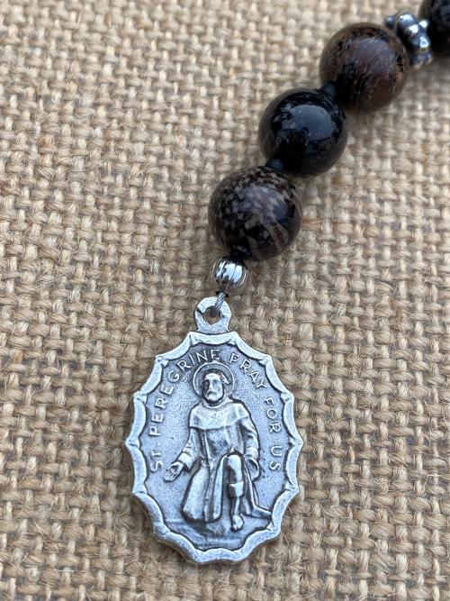 Chaplet of St Saint Peregrine, Sterling Silver Antique Replica Medal and Crucifix, Fossil Coral Gemstones, Patron Saint of Cancer Patients