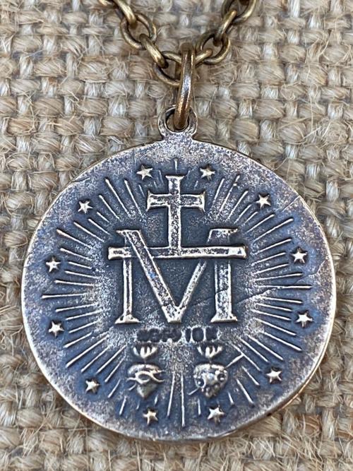 Bronze Miraculous Medal Pendant and Necklace, Antique Replica, Round Miraculous Medal, Our Lady of the Miracle, Blessed Virgin Mary. MM2