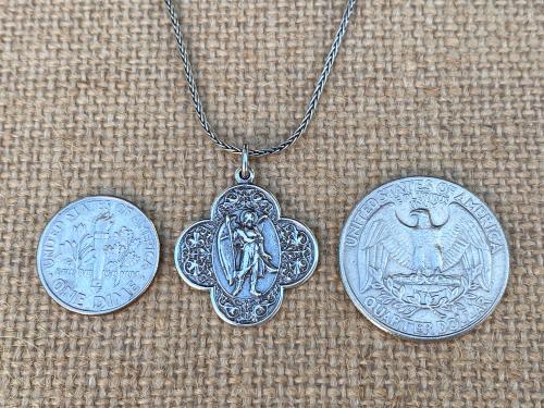 Sterling Silver, Antique Replica, St. Raphael the Archangel, Angel of Healing, Oxidized Wheat Spiga Chain Necklace, Saint Illness, .925